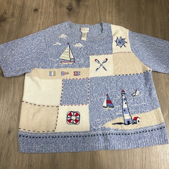 Vtg Koret Nautical Lighthouse Top Blue White Sailboat Embroidered Sz 1X Coastal - Picture 6 of 12